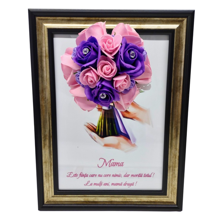 Tablou in rama A4 (30x21 cm) - Mama, Este fiinta care nu cere nimic, dar merita totul! La multi ani, mama draga!-v8 decorat cu flori de sapun mov - roz