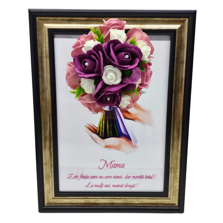 Tablou in rama A4 (30x21 cm) - Mama, Este fiinta care nu cere nimic, dar merita totul! La multi ani, mama draga! - v8 decorat cu flori de sapun visiniu - roz pal