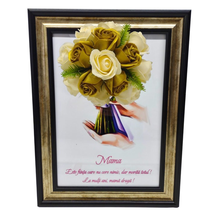 Tablou in rama A4 (30x21 cm) - Mama, Este fiinta care nu cere nimic, dar merita totul! La multi ani, mama draga! - v8 decorat cu flori de sapun auriu - galben