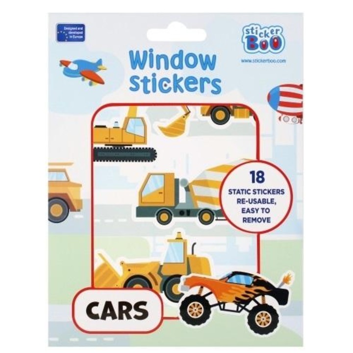 Set 18 stickere pentru geamuri, cu masini, Sticker Boo, Multicolor