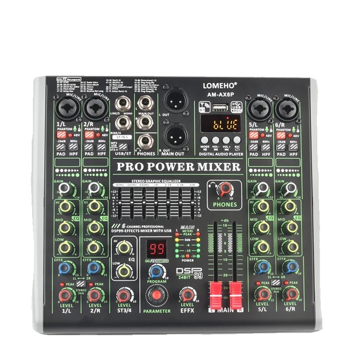 Mixer audio amplificator, 6 canale, Bluetooth, 99 efecte DSP, inregistrare USB, multicolor