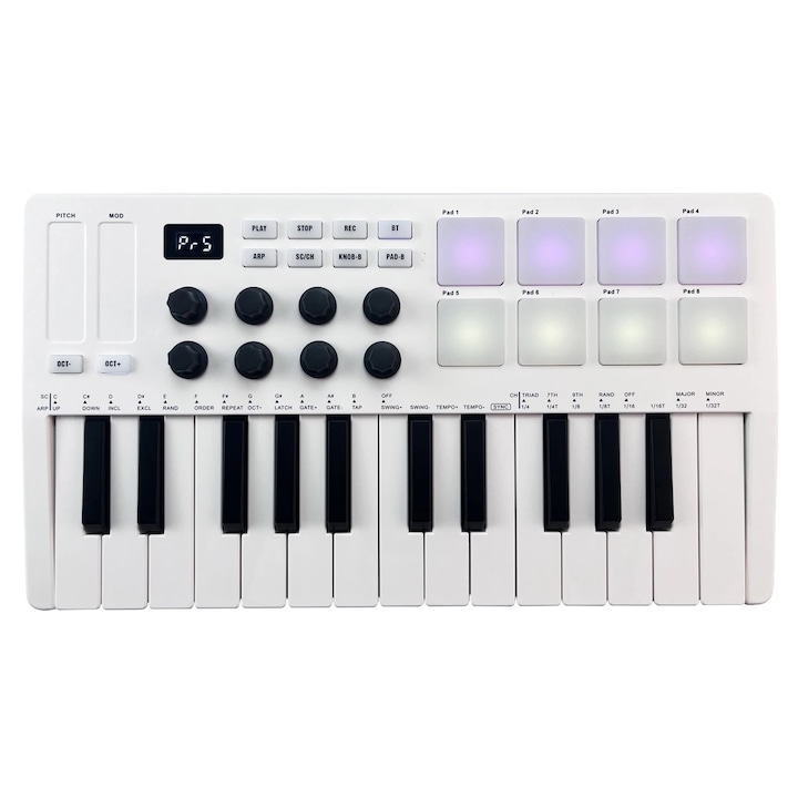 Controler MIDI portabil, ABS, 25 taste sensibile la atingere, 8 pad-uri RGB, Touch-strip-uri capacitive, Alb