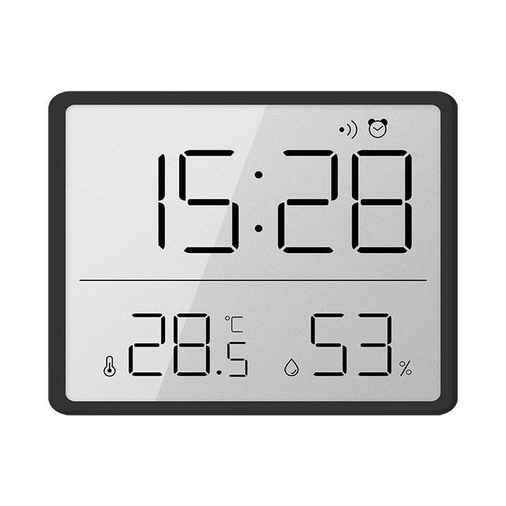 Стаен термометър и хигрометър, Yhemday®, Час и дата, дисплей с течни кристали, 3,7 инча, аларма, 3 вида монтаж, Черен