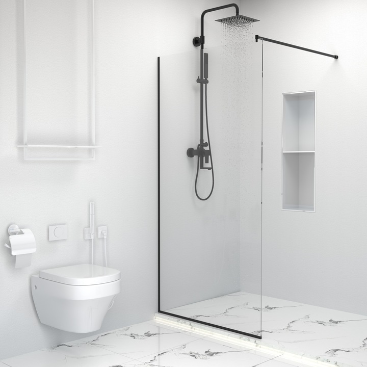 Paravan dus walk-in, Sticla Securizata Clara de 6mm, Accesorii Feronerie Negru Mat, Tratament anti-calcar, 100 x 195 cm