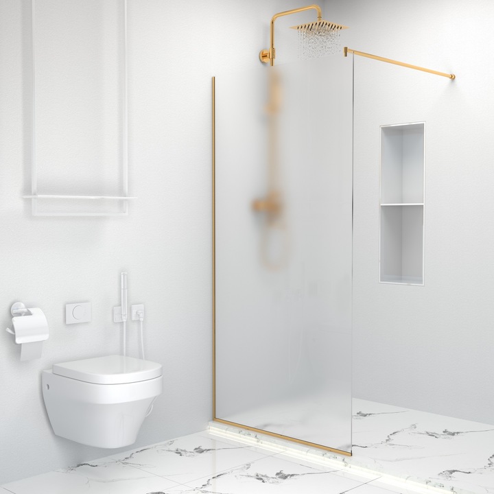 Paravan dus tip walk-in, Sticla Securizata Mata de 8mm, Accesorii Feronerie Gold, Tratament anti-calcar, 120 x 195 cm