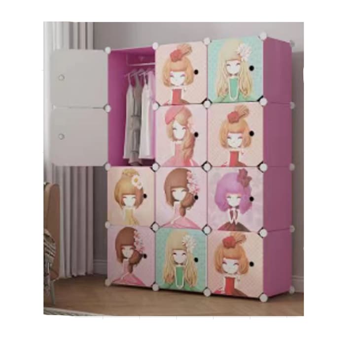 Dulap modular pentru copii, AT PERFORMANCE®, 12 rafturi, durabil, 110X37X147 cm, roz, printese