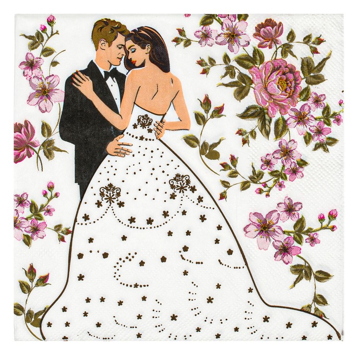 Set 20 de servetele de masa Shopiens®, cu doua straturi absorbante, cu model Cuplu Miri, 33 x 33 cm