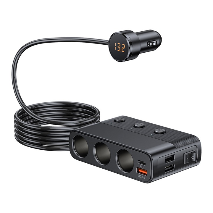 Adaptor priza auto, putere totala 128W, incarcare rapida PD+QC3.0, distribuitor de curent, 3 prize, 4 porturi USB, comutator, display voltaj, ABS, 116x71x33 mm, negru