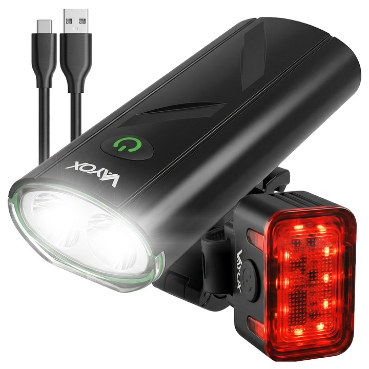Set de lumini de bicicleta fata si spate Vayox VA0111, VA0152, din aluminiu, sursa LED 2x XLM1 6500K si 8x 351B, acumulator reincarcabil 1200 mAh, incarcare USB-C, rezistenta la apa, 900 lumeni, Negru