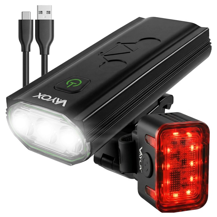 Set de lumini de bicicleta fata si spate Vayox VA0112, VA0152 din aluminiu, sursa 3x XLM1 6500K si 8x 351B, acumulator reincarcabil 4000 mAh, functia Powerbank, indicator baterie, 10 moduri luminare, incarcare USB-C, rezistenta la apa, 980 lumeni, Negru