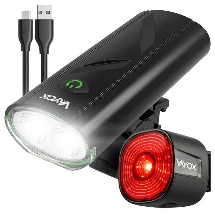 Set de lumini de bicicleta fata si spate Vayox VA0111, VA0156 din aluminiu, sursa 2x XLM1 6500K si 17x SMD, acumulator reincarcabil 1200 mAh, incarcare USB-C, rezistenta la apa, 260 lumeni, IPX6, Negru