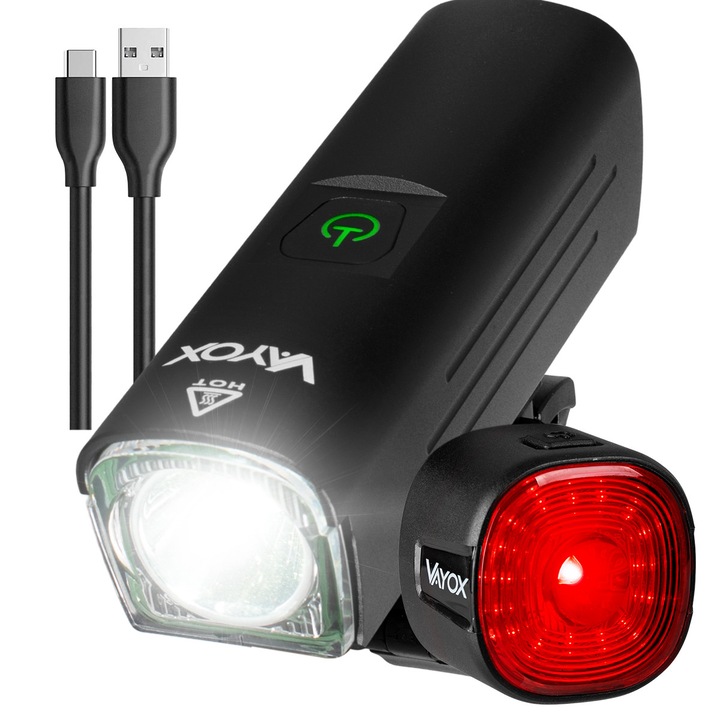 Set de lumini de bicicleta fata si spate Vayox VA0046, VA0156, din aluminiu, sursa XLM2 15W si 17x SMD, acumulator reincarcabil 4500 mAh, indicator baterie, 6 moduri luminare, incarcare USB-C, rezistenta la apa, 1300 lumeni, IPX6, Negru