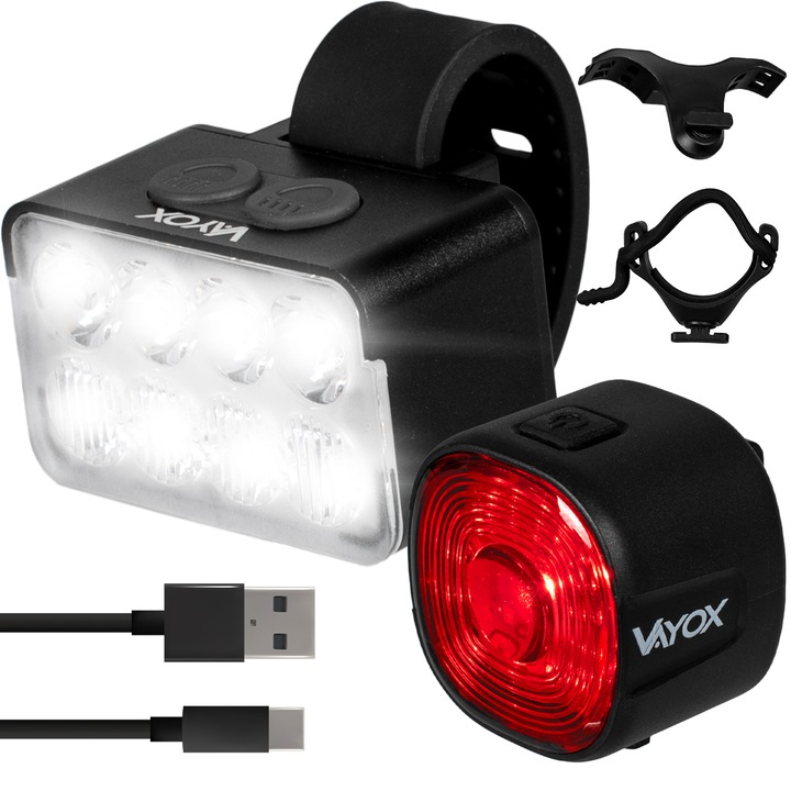 Vayox VA0151, VA0156 első és hátsó kerékpár lámpa készlet alumíniumból, 8x 351B és 17x SMD forrás, professzionális, 10 világítási mód, újratölthető akkumulátor 950 mAh, USB-C töltés, vízállóság IPX6, 900 lumen, fekete