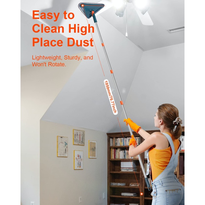 Aparat de curatat pereti cu maner lung, mop de perete, instrument de curatare pentru spalatorie de pereti, pentru pereti, podele/ventilatoare de tavan/plinte/praf, cu 6 tampoane de schimb si 1 racleta din silicon, WALALLA, 85 inch, rotative la 360°, gri