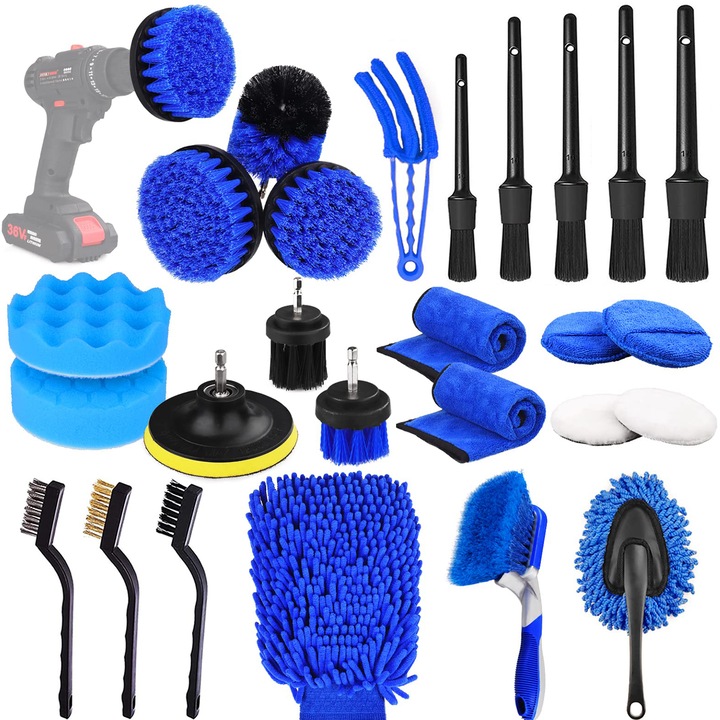Set Premium 26 Piese detailing auto, curatare masina Interior Exterior, 5 perii pentru detalii, burete aplicator, carpa din microfibra, perie zimtata, manusi din microfibra fata si spate, albastru