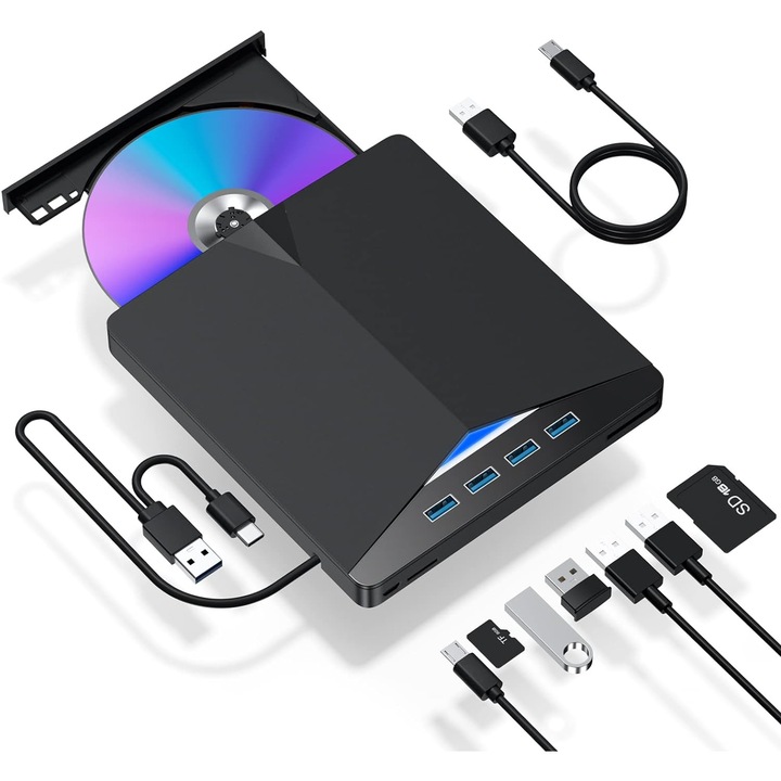 MOSMAOO® ултратънко външно DVD записващо устройство, поддържа M-DISC, съвместимо с USB тип C и тип A за Windows и Mac OS, лаптоп настолен компютър Windows 11/10/8/7 Linux Mac OS
