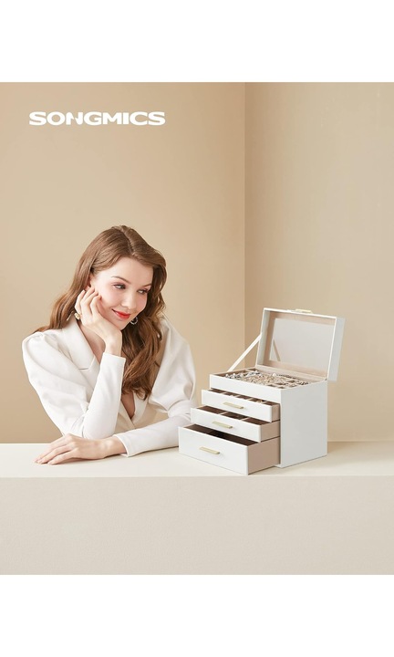 Ékszerdoboz, Songmics, 15,3x25,1x21,5 cm, Bézs