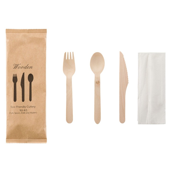 Пакет от 8 комплекта еко дървени прибори Shopiens®, индивидуално опаковани, с вилица, нож, лъжица и салфетка