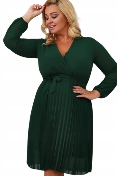 Rochie midi de dama eleganta, la moda, plisata cu fundita, verde, Plus Size, XL - 2XL