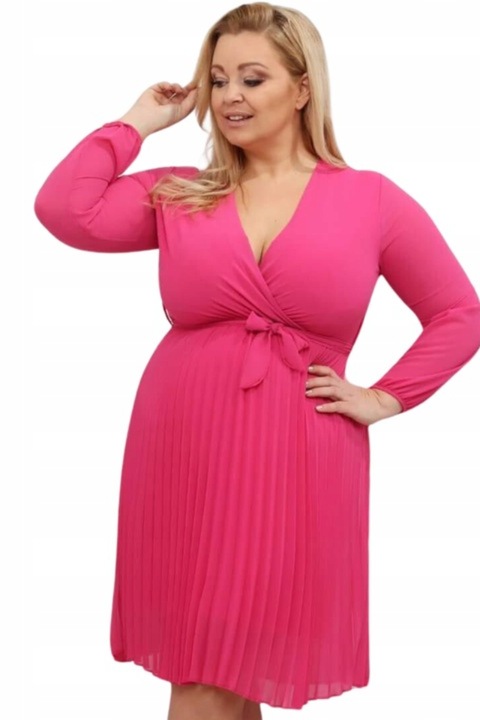 Rochie midi de dama eleganta, la moda, plisata cu fundita, roz, Plus Size, XL - 2XL
