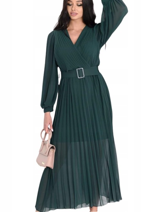 Rochie de dama lunga si eleganta, la moda, pliata, cu curea in talie si captuseala, verde, M - L