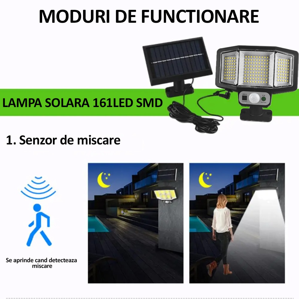 Соларна лампа за зареждане NEXTLY, 161 x SMD LED, сензор за движение и ...