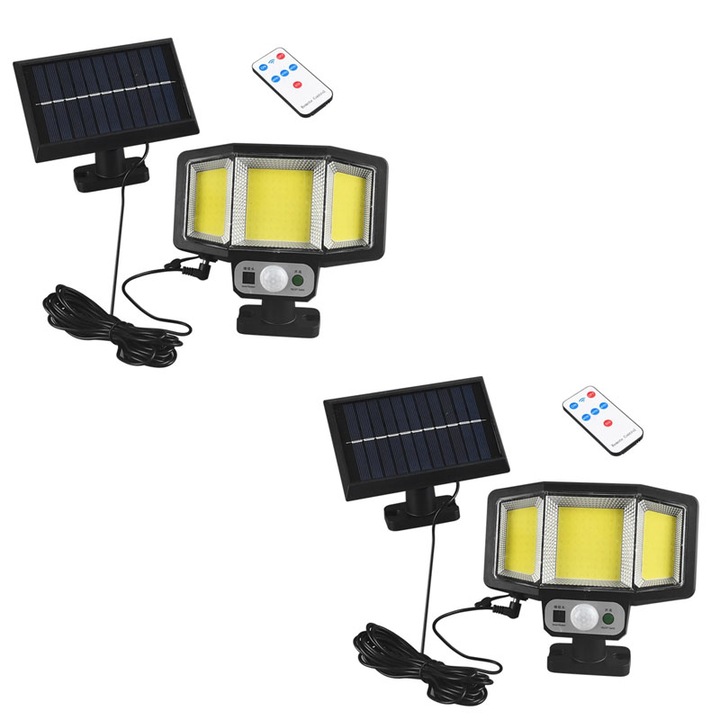 Комплект от 2 x NEXTLY соларна лампа за зареждане, 161 x COB LED, сензор за движение и светлина, 3 режима на работа, 2400mAh батерия, отделен соларен панел, дистанционно управление