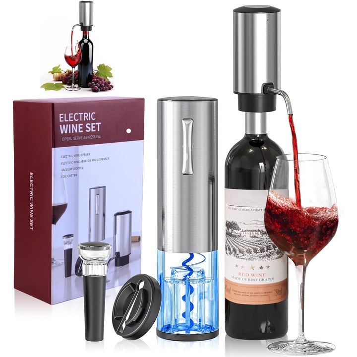 Tirbuson Electric Reincarcabil 4 in 1 VITTALIST, cu Dozator Automat, Dop Vid, Aerator, Taietor Folie, USB, Smart Wine Opener, Gri