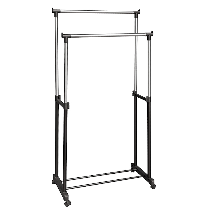 Suport dublu pentru umerase si haine tip stander, Welora, Cu roti si inaltime reglabila 94-160cm, Negru