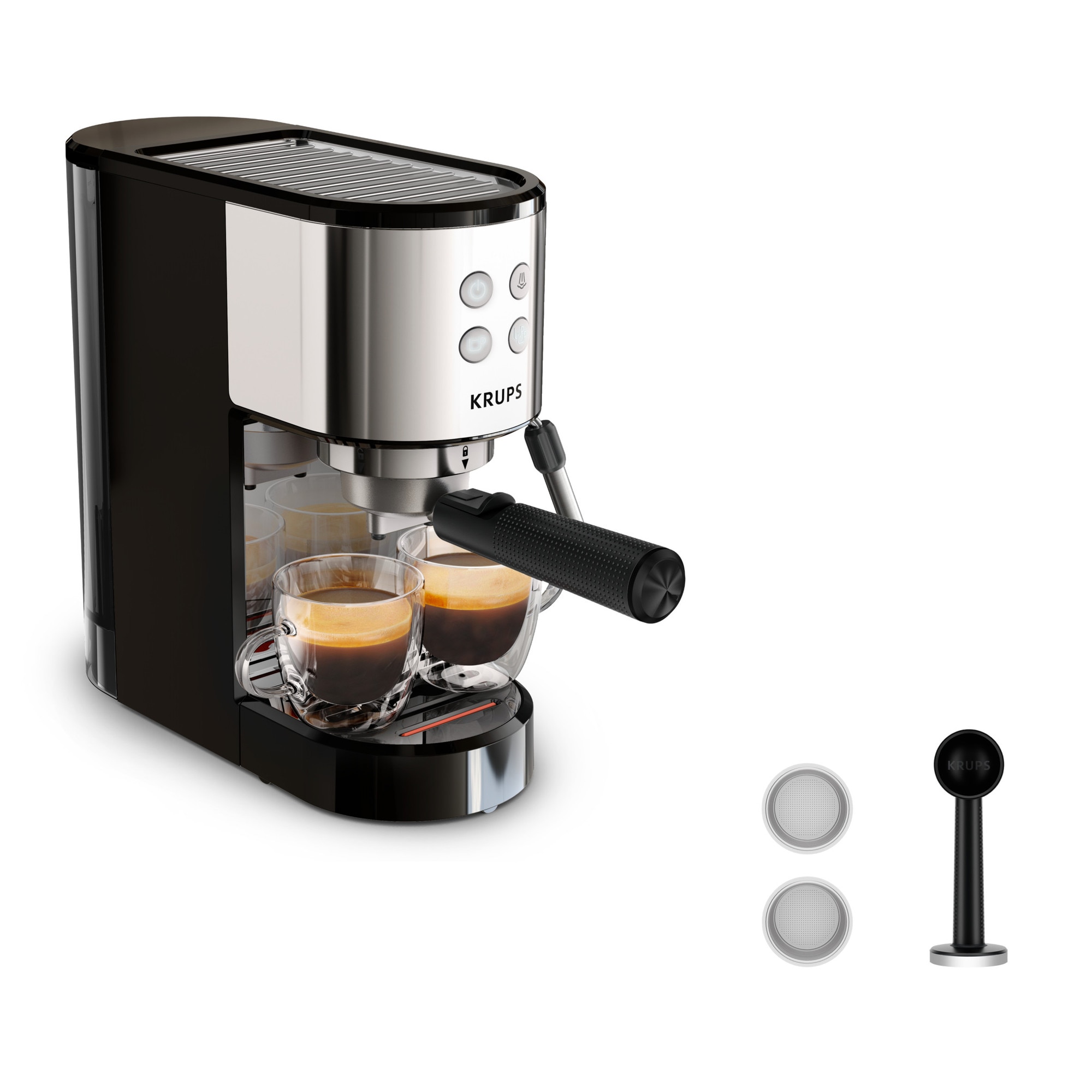 Espressor manual Krups Virtuoso Essential XP441810, presiune 15 bari, rezervor apa 1L, sistem de spumare a laptelui, functie apa fierbinte, reglare temperatura, oprire automata, si