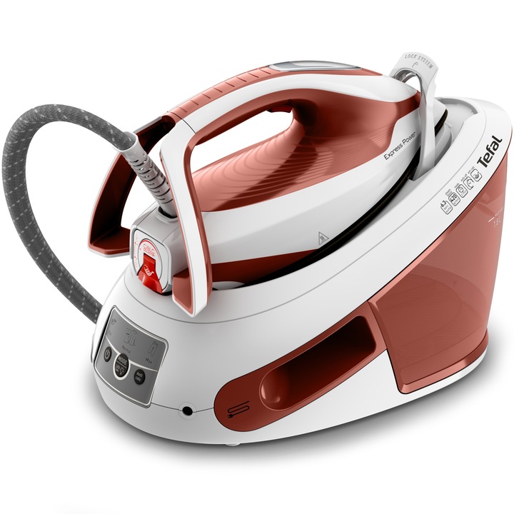 Парогенератор Tefal Express Power SV8110E0, 2800 W, 6.3 бара, Парна струя: 430 гр/мин, Непрекъснато изпускане на пара 0-120 гр/мин, Резервоар за вода 1.8 л, Гладеща плоча Durilium AirGlide, Червен