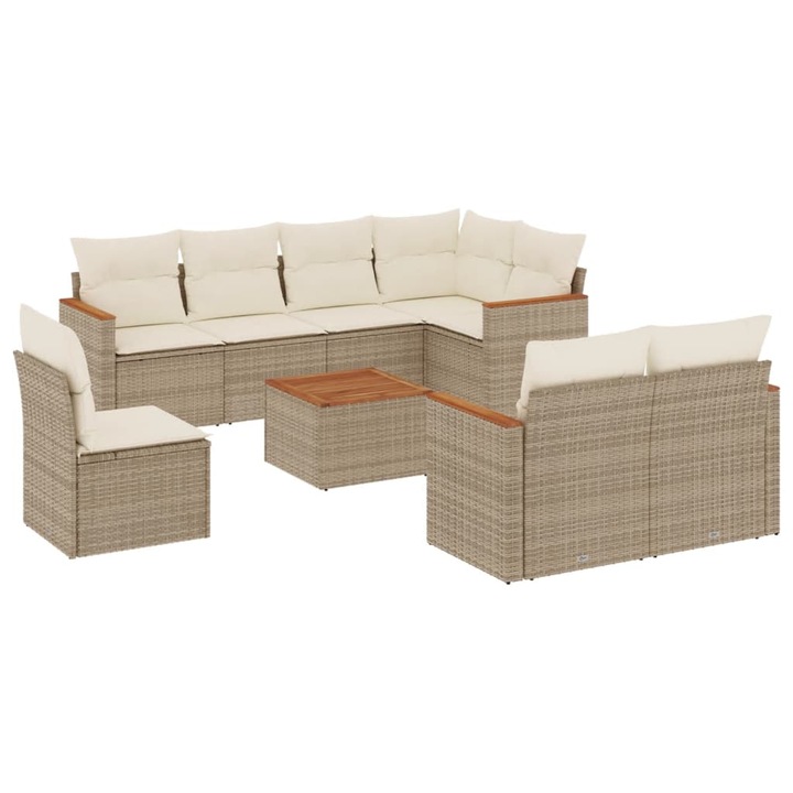 Set canapele de gradina vidaXL, 9 piese, cu perne, bej, poliratan, 53.88 kg 3258572