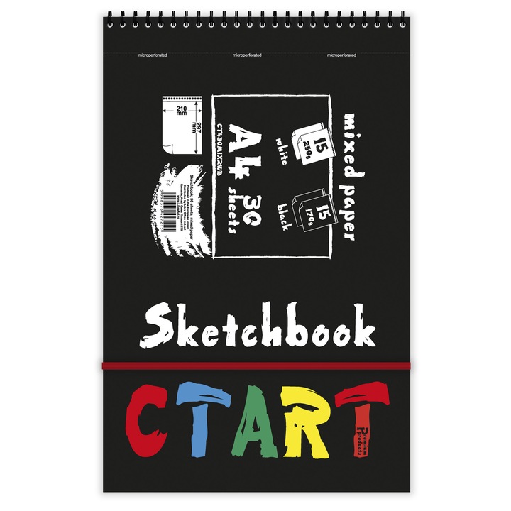 Caiet de schite A4 mixed paper, 30 coli, 15 carton alb 250g si 15 negru 170g