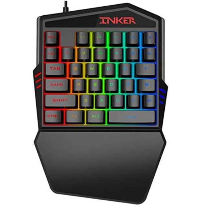 Универсална мини игрална клавиатура Inker за една ръка, механична, универсално съвместима, компютър, RGB светлини, USB връзка, 35 клавиша 26x20x5 cm