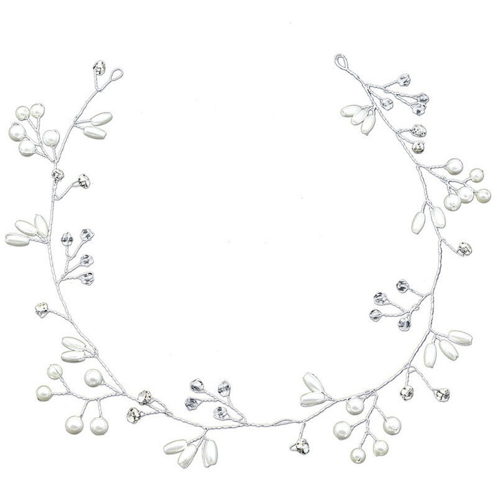 Accesoriu de par pentru fete, Zola®, argintiu cu perle si pietre, material flexibil, 50x6 cm