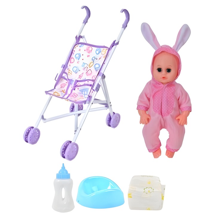 Többfunkciós interaktív beszélő baba készlet, babakocsi és kiegészítők, 15 hang, cumisüveg, bili, pelenka, lila babakocsi, 31x9x15 cm, + 3 év, Utility One