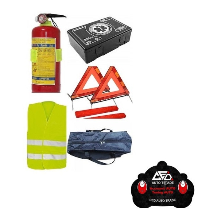 Kit siguranta auto omologat format din Trusa medicala, Stingator 1 Kg cu manometru, 2 x Triunghi reflectorizant, Vesta reflectorizanta, Geanta depozitare si Odorizant auto CED AUTO TRADE