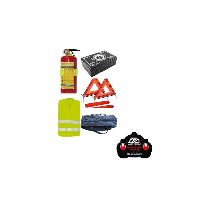 Одобрен комплект за безопасност на автомобила, състоящ се от медицински комплект, 1 кг пожарогасител с манометър, 2 х светлоотразителен триъгълник, светлоотразителна жилетка