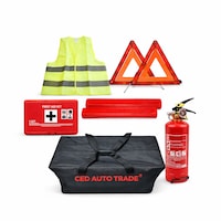 Kit siguranta auto omologat format din Trusa medicala, Stingator 1 Kg cu manometru, 2 x Triunghi reflectorizant, Vesta reflectorizanta, Geanta depozitare