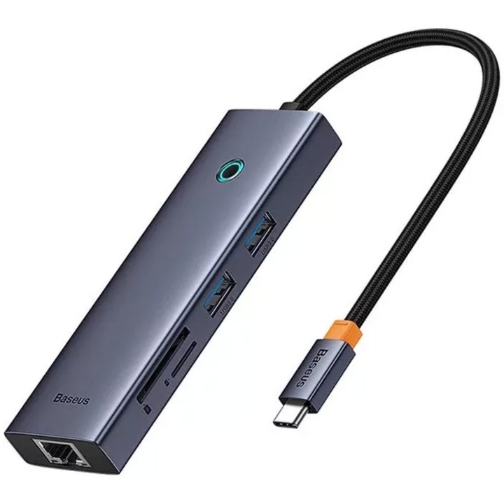 Hub Baseus UltraJoy 7-in-1, USB-C към HDMI4K@60Hz, 2xUSB 3.0, 1xPD, 1xRJ45, 1xSD, 1xTF3.0, 100W, Сив