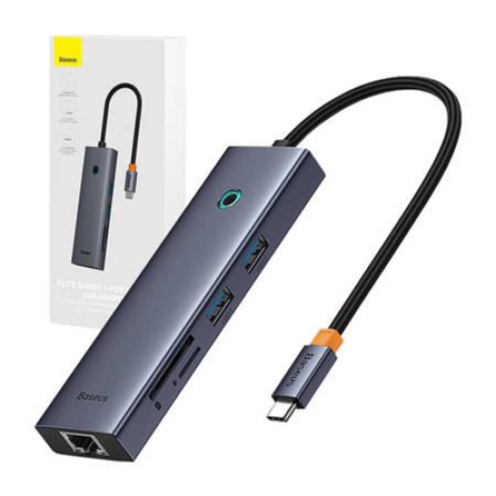 Hub Type-C към HDMI, 2x USB, Type-C, RJ45, SD, TF, Baseus UltraJoy (B00052805813-00), Space Gray