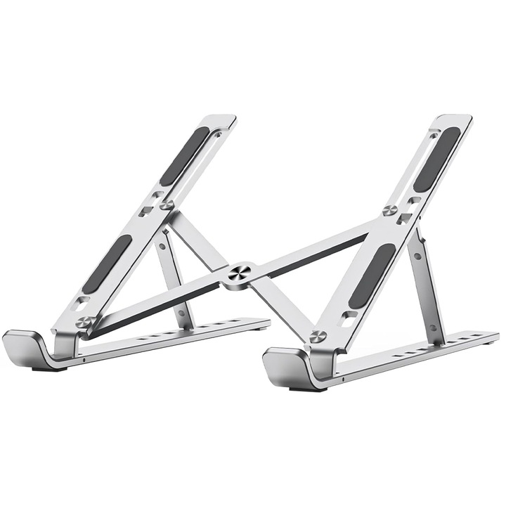 Stand Laptop si Tableta Premium Portabil, Caravaan®, Suporta Dimeniuni 12 - 18 inch, 7 Unghiuri Inclinare, Ergonomic, Pliabil, Suport Anti Alunecare, Compatibil Universal, Husa Transport, Argintiu