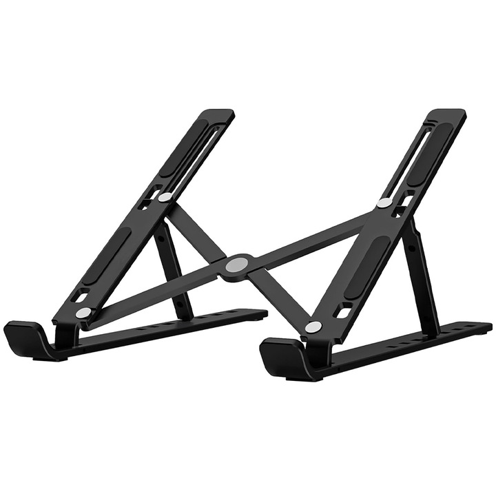 Stand Laptop si Tableta Premium Portabil, Caravaan®, Suporta Dimeniuni 12 - 18 inch, 7 Unghiuri Inclinare, Ergonomic, Pliabil, Suport Anti Alunecare, Compatibil Universal, Husa Transport, Negru