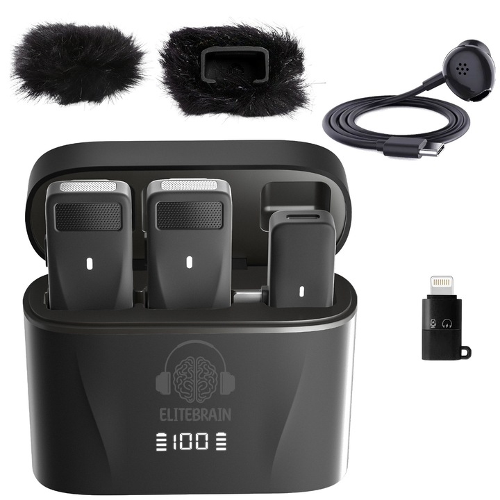 2 db Lavalier mikrofon, C típusú és iPhone, tiszta hang, nagy hangerő, környezeti zajcsökkentés, védelem és töltődoboz digitális kijelzővel, Android és iPh adapter, 2 x MINIFUR-LAV szélvédelem, figyelő fejhallgató, Elite Brain