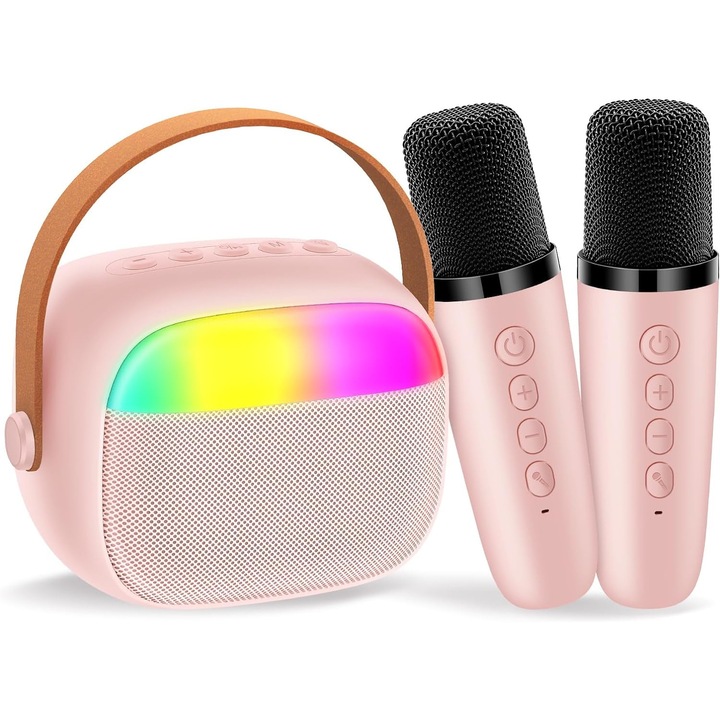 Мини караоке машина, преносима, Bluetooth високоговорител, 2 безжични микрофона, LED светлини, Розово