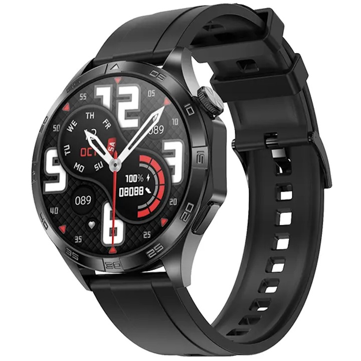 IdealSTORE GalaxyONE Smartwatch, отговор на обаждане, циферблат, GPS, фитнес тракер, здравен мониторинг, 200 спортни режима, водоустойчив, управление на съня, гласов асистент, глобален часовник, силиконова гривна, черен