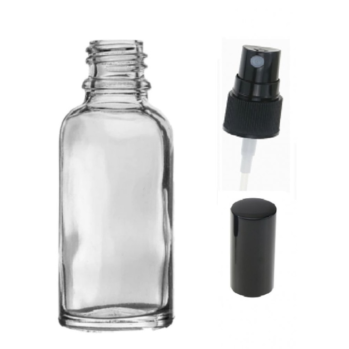 Recipient cosmetic cu capac autosigilant si pulverizator tip spray DROPY®, pentru uleiuri esentiale sau parfumuri, 50 ml, transparent