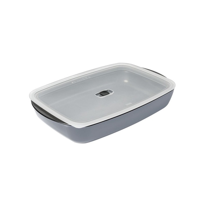 Kuhn Rikon hőálló serpenyő fedővel, űrtartalom 2 liter, 32x20 cm, tapadásmentes bevonat, boroszilikát üveg, sütővel/mikrohullámú sütővel/hűtővel kompatibilis, fedő szeleppel a melegen tartásért, könnyen tisztítható, antracit