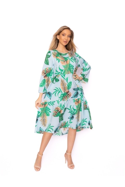 Дамска рокля на цветя, Вискоза, Син/Зелен, Многоцветен