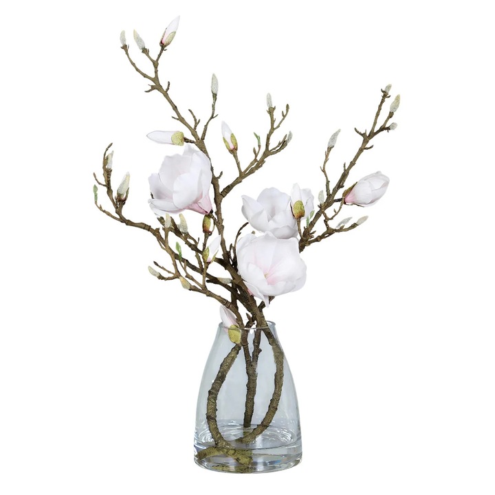 Aranjament cu magnolii artificiale albe in vas de sticla 50 cm